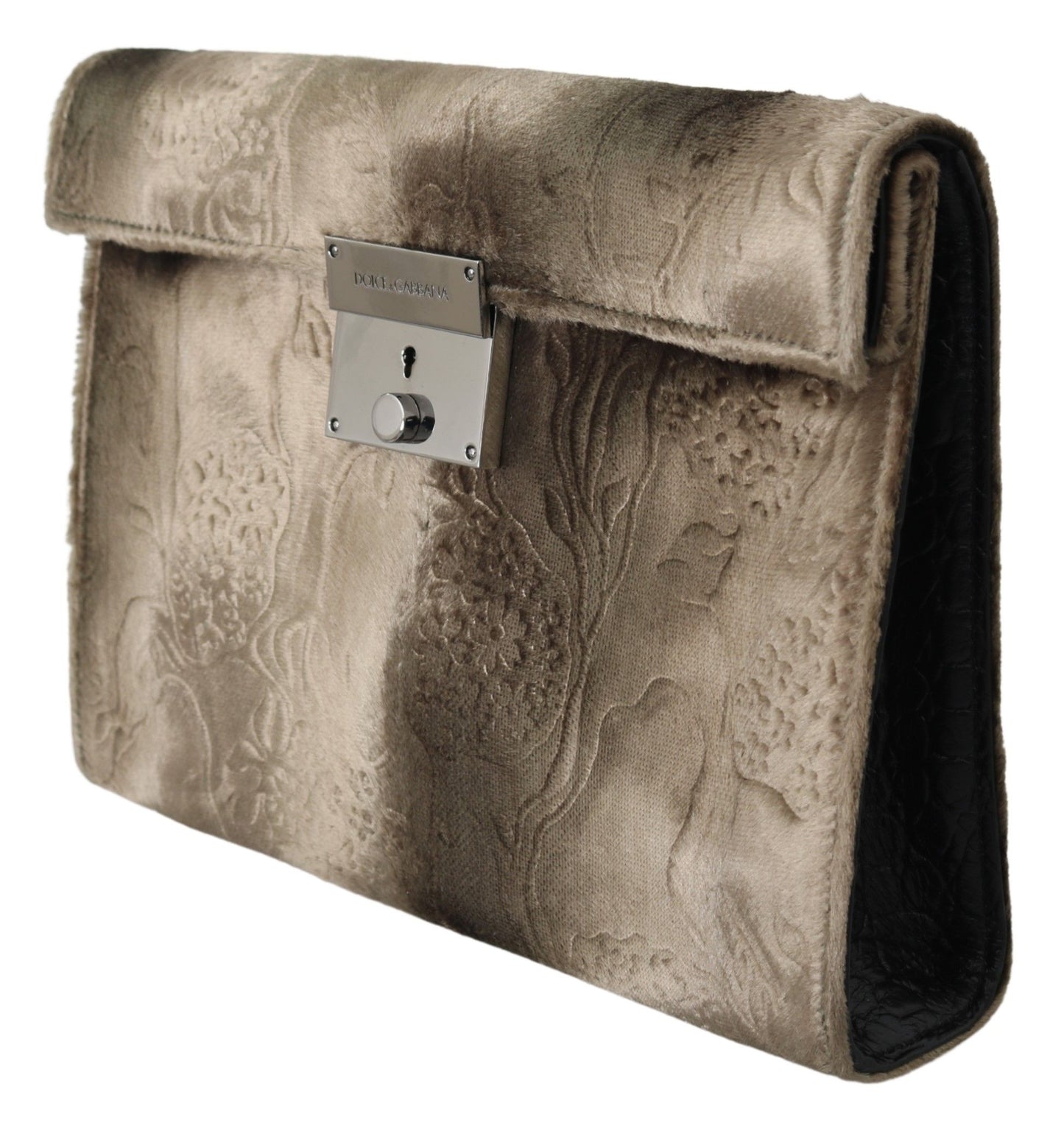  - Beige Velvet Croco-Print Leather Briefcase Clutch