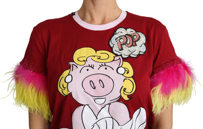  - Chic Red Pig Print Crew Neck T-Shirt