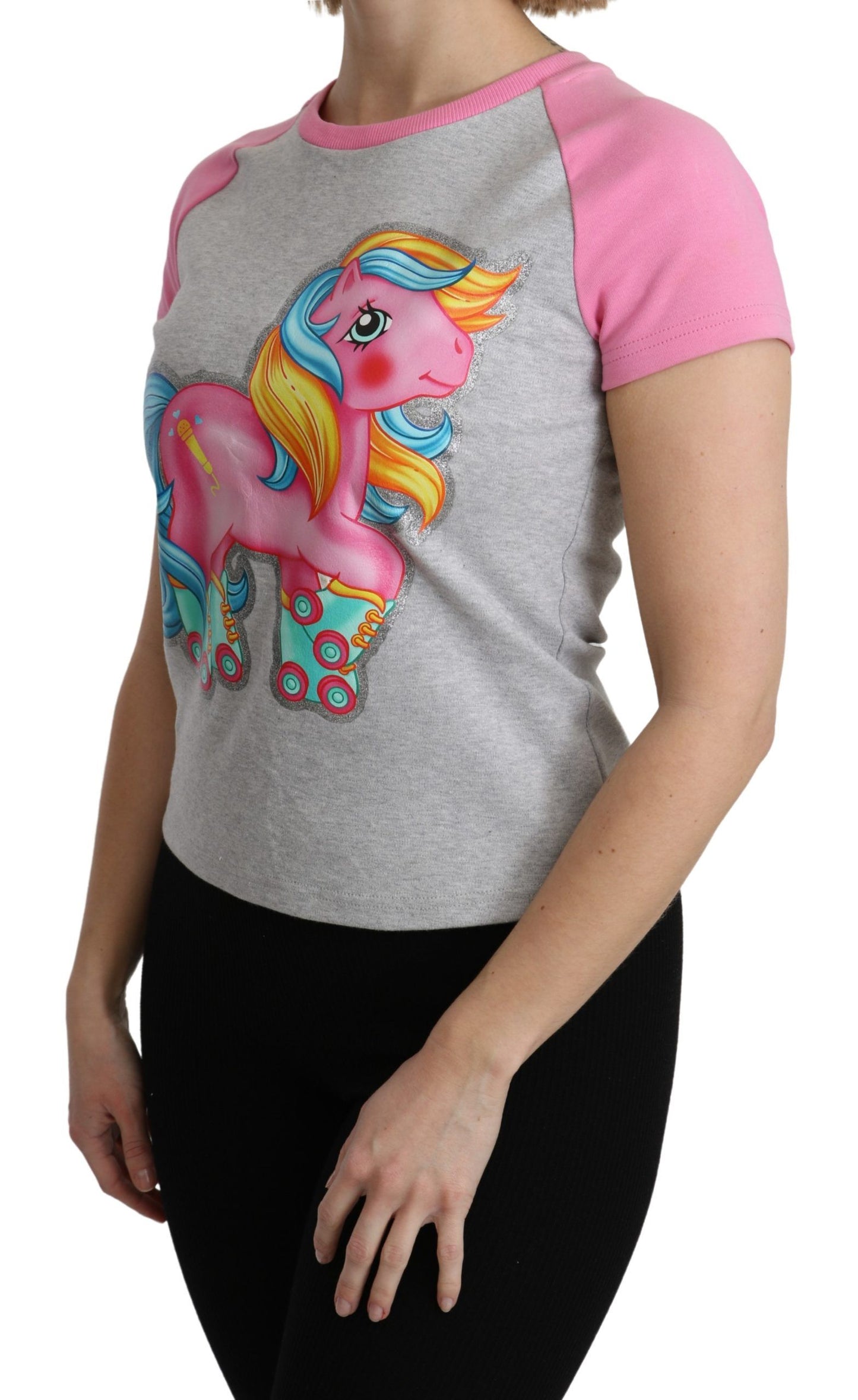  - Chic Gray Crew Neck Cotton T-shirt with Pink Accents