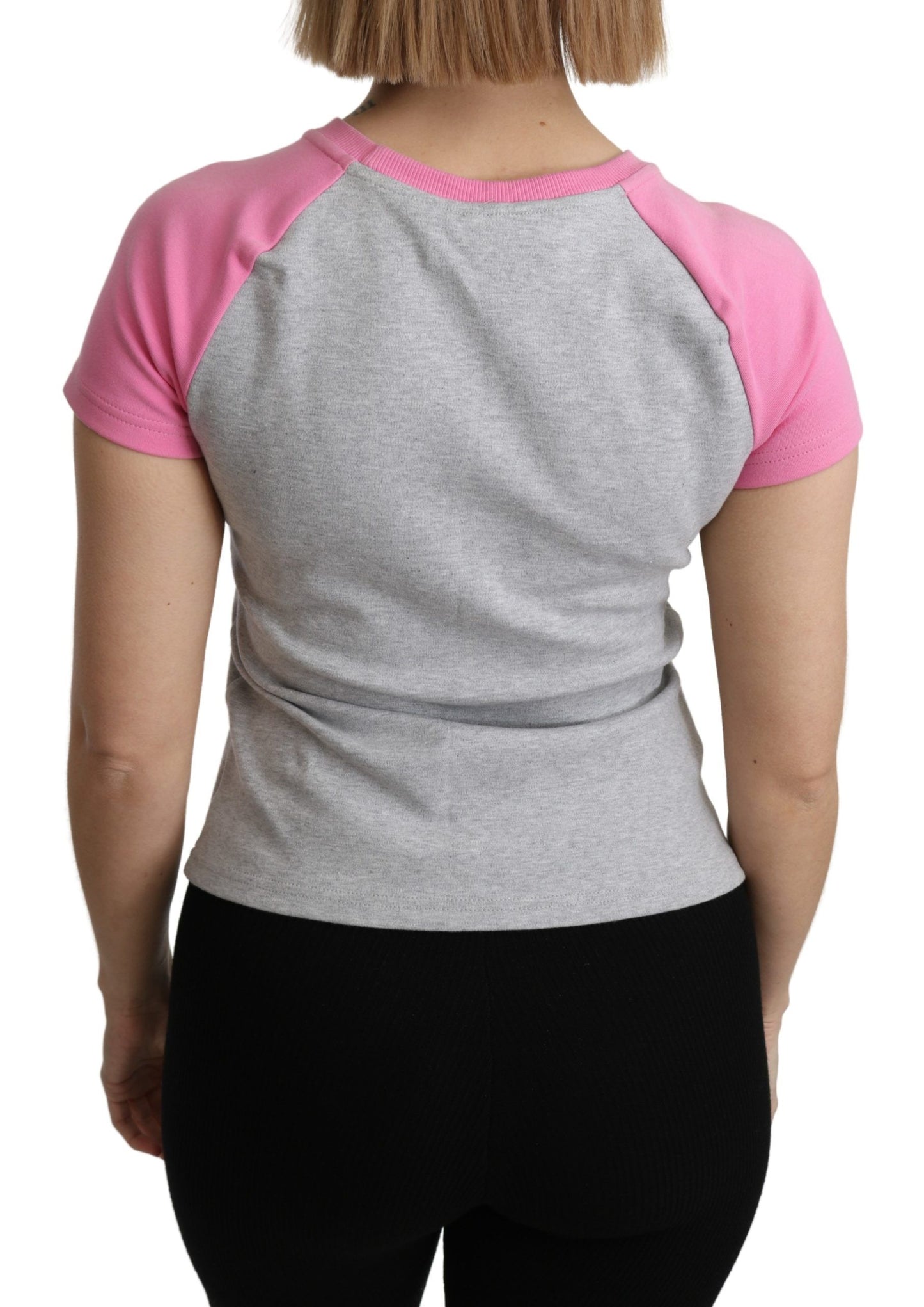  - Chic Gray Crew Neck Cotton T-shirt with Pink Accents