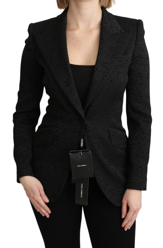  - Elegant Black Brocade Single Breasted Blazer