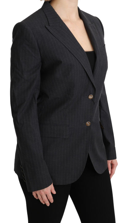  - Elegant Gray Striped Cotton Blazer