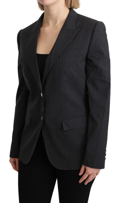  - Elegant Gray Striped Cotton Blazer