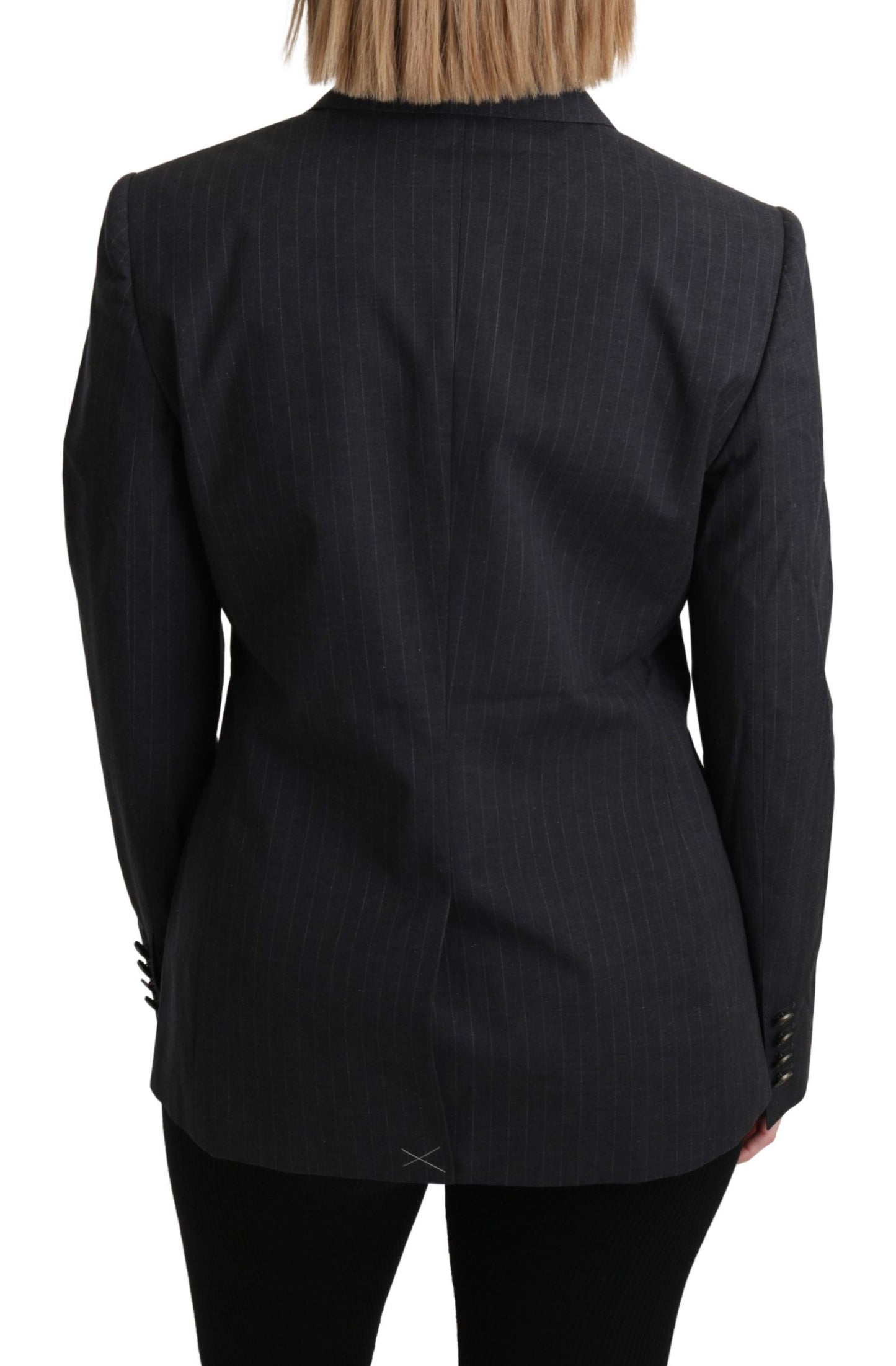  - Elegant Gray Striped Cotton Blazer