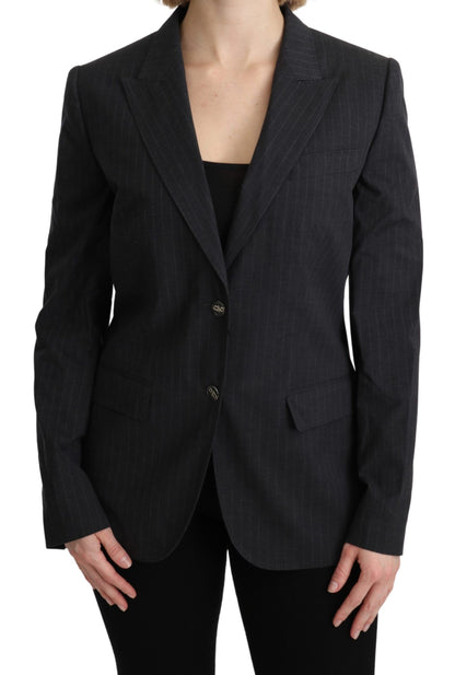  - Elegant Gray Striped Cotton Blazer