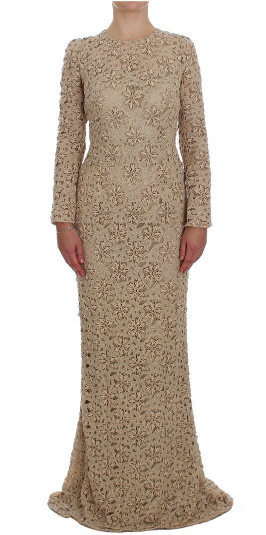  - Beige Floral Lace Long Sleeve Maxi Dress