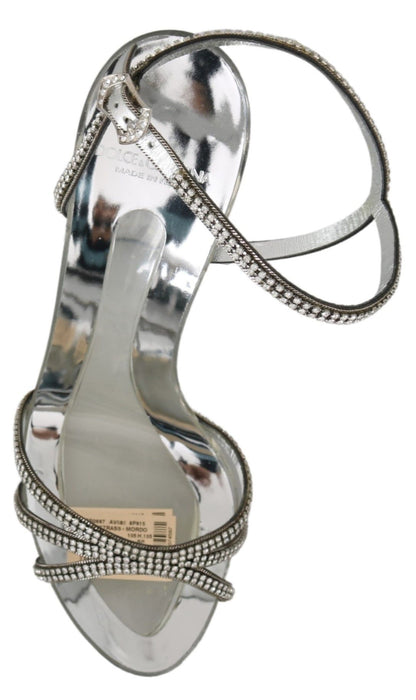  - Silver Leather Ankle Strap Sandals with Crystals