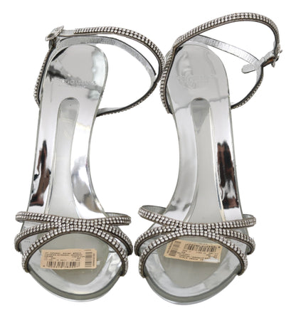  - Silver Leather Ankle Strap Sandals with Crystals