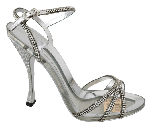  - Silver Leather Ankle Strap Sandals with Crystals