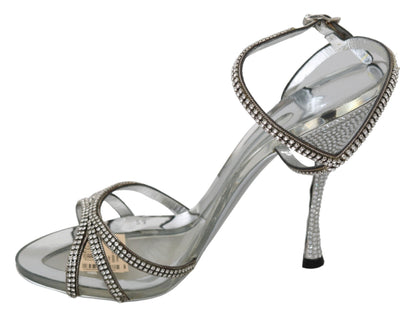  - Silver Leather Ankle Strap Sandals with Crystals