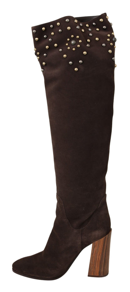  - Studded Suede Knee High Boots in Brown