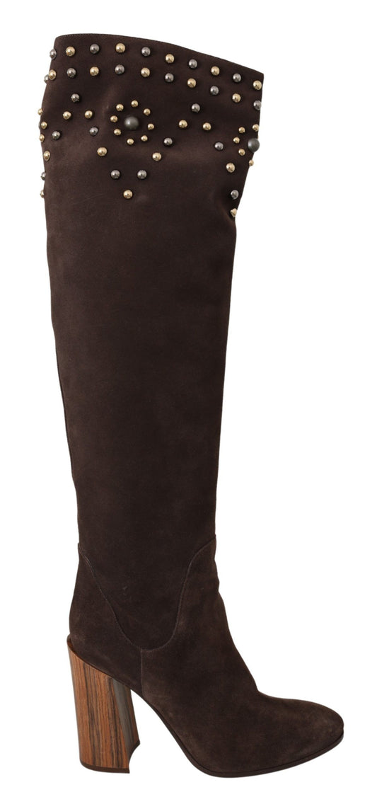  - Studded Suede Knee High Boots in Brown