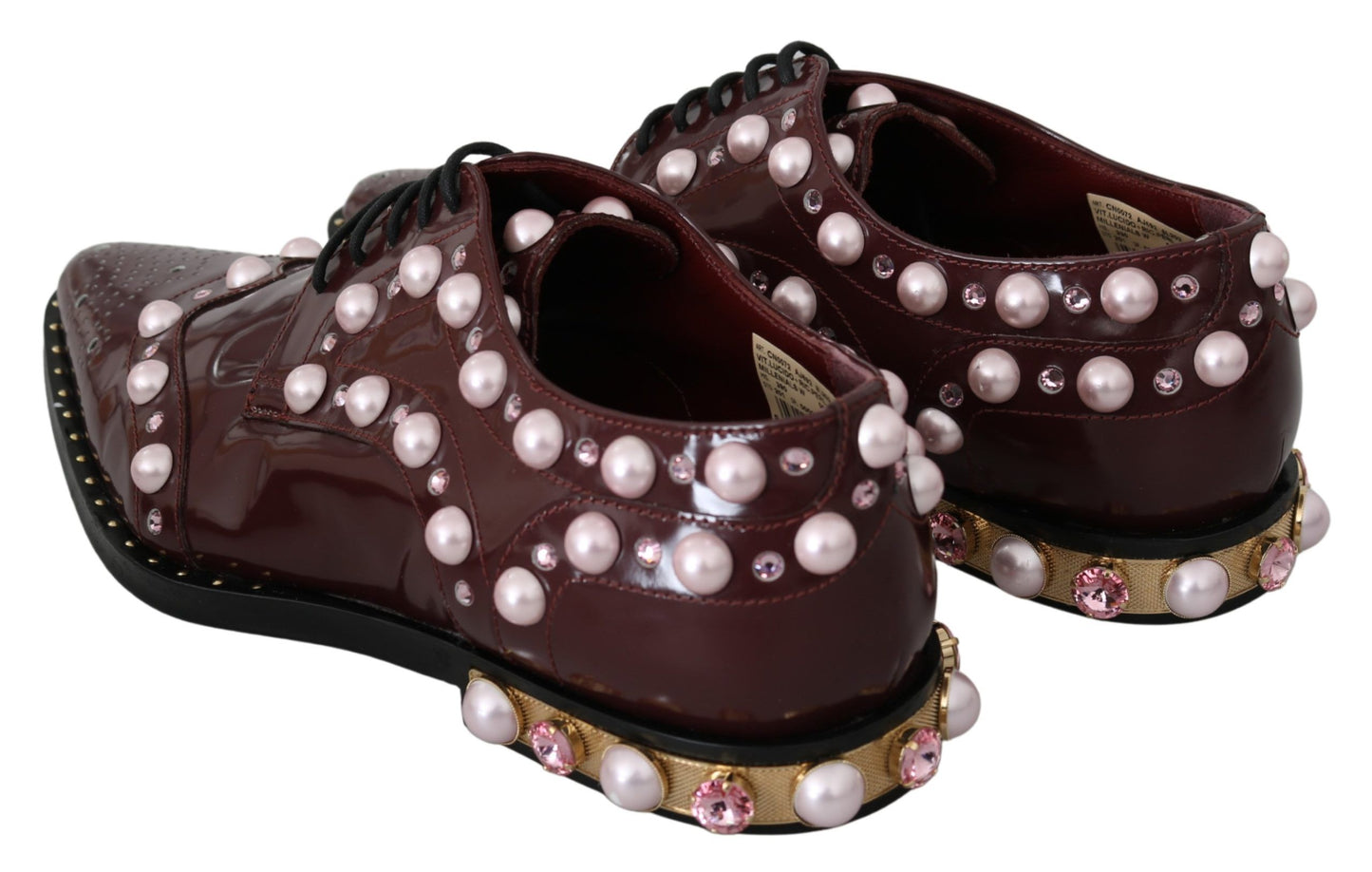 Elegant Bordeaux Lace-Up Flats with Pearls and Crystals