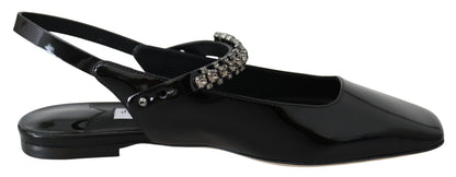  - Elegant Black Patent Flats with Crystal Accent