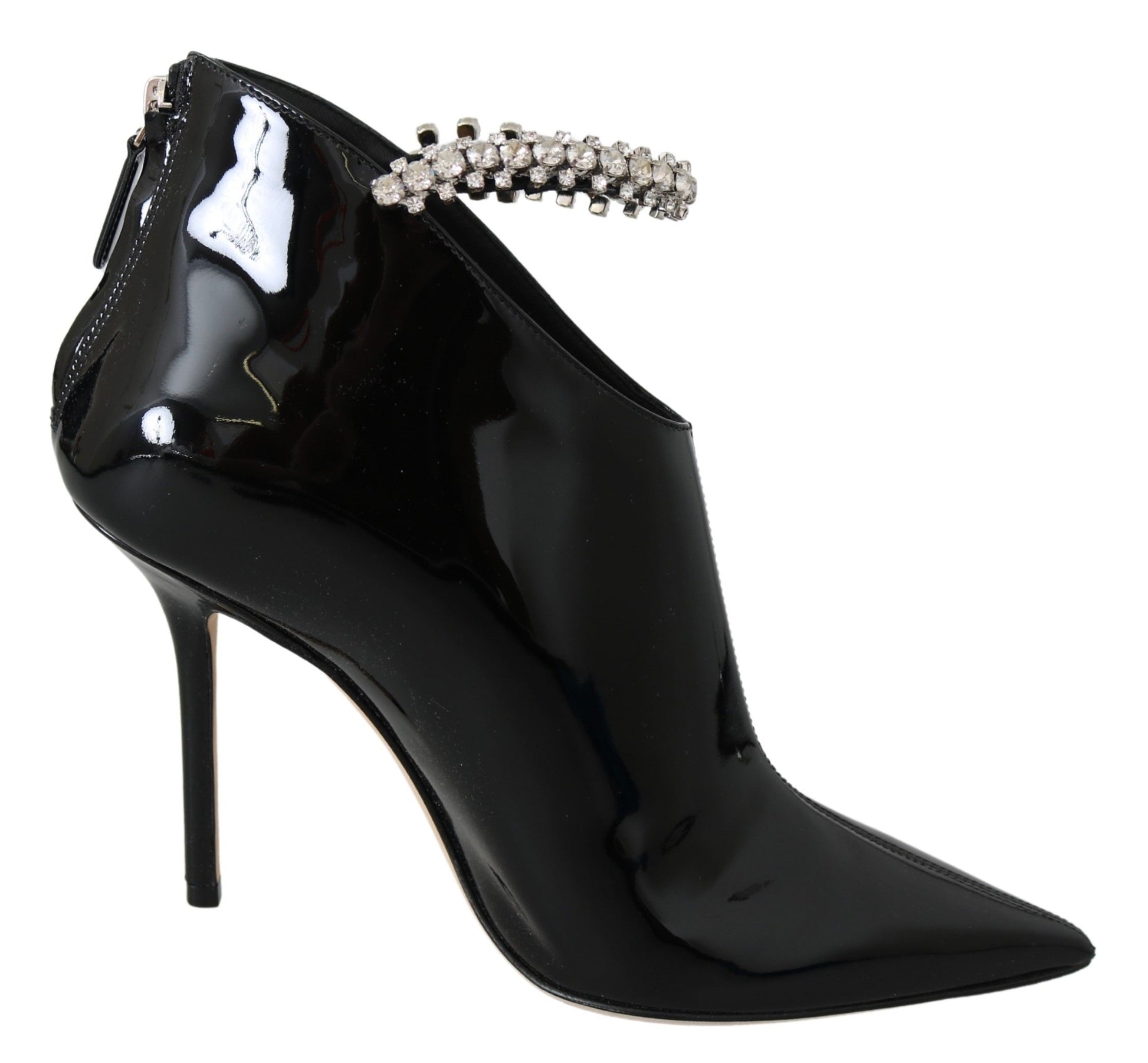 Black Patent Heeled Boots with Crystal Strap