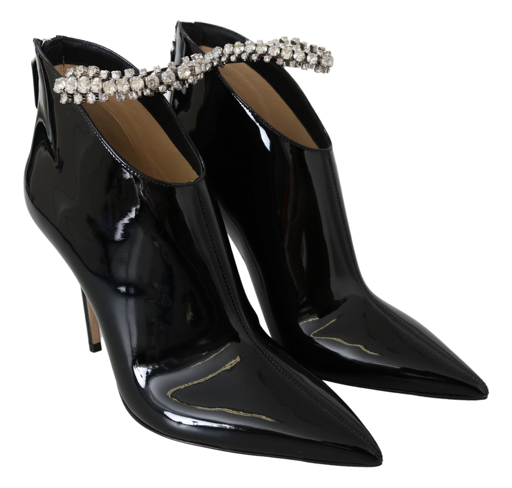 Black Patent Heeled Boots with Crystal Strap