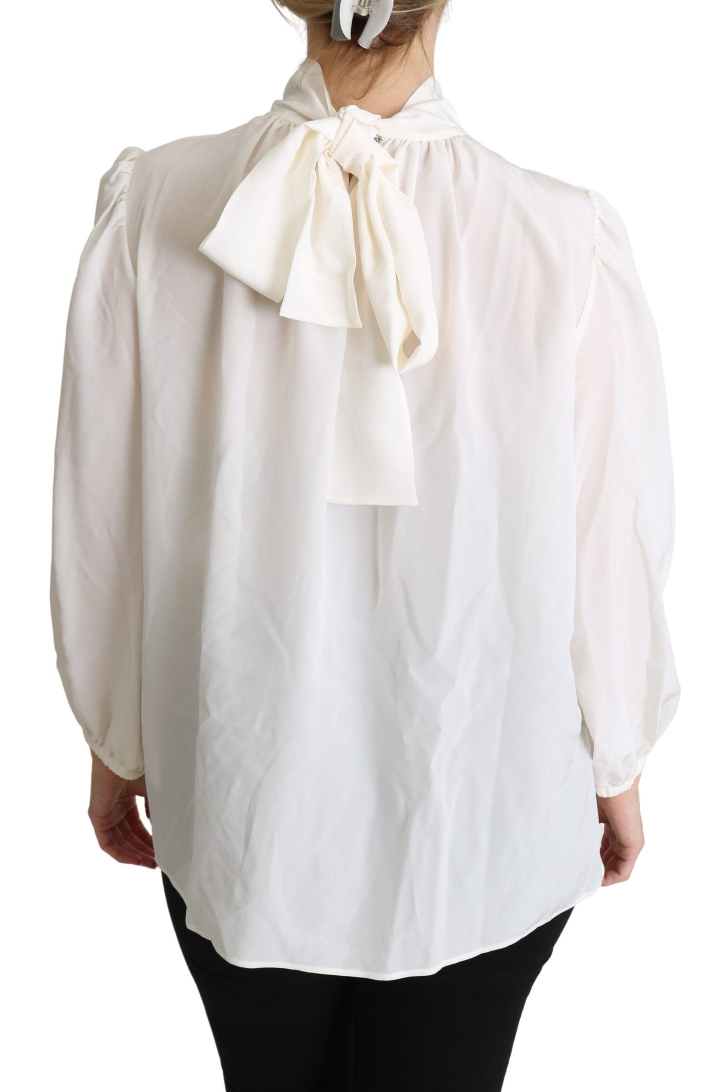  - Elegant White Silk Pussy Bow Blouse