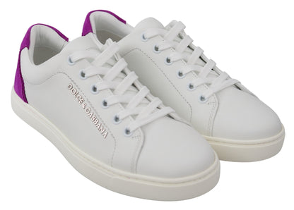  - Chic White Leather Sneakers with Purple Accents