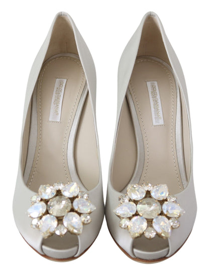  - White Crystal Peep Toe Silk Blend Heels