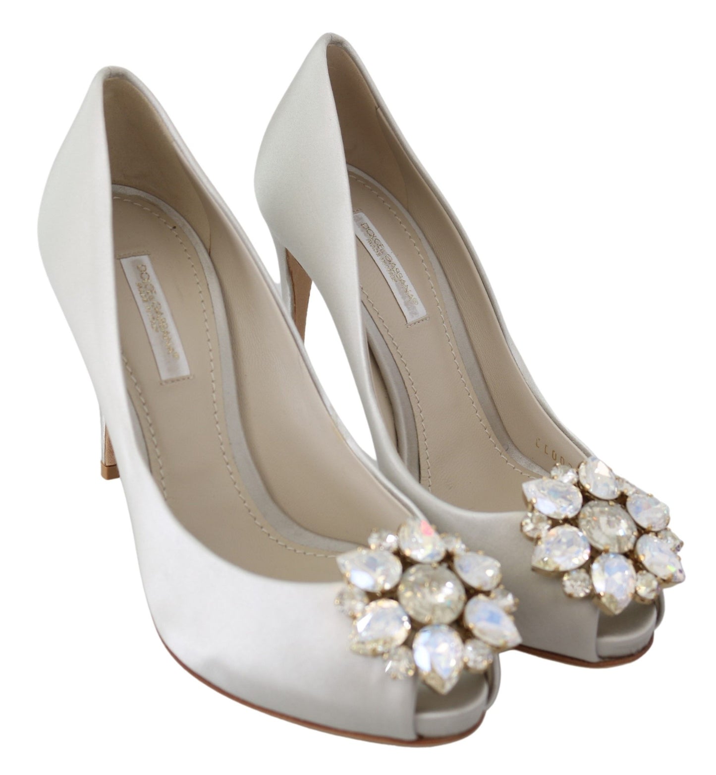  - White Crystal Peep Toe Silk Blend Heels