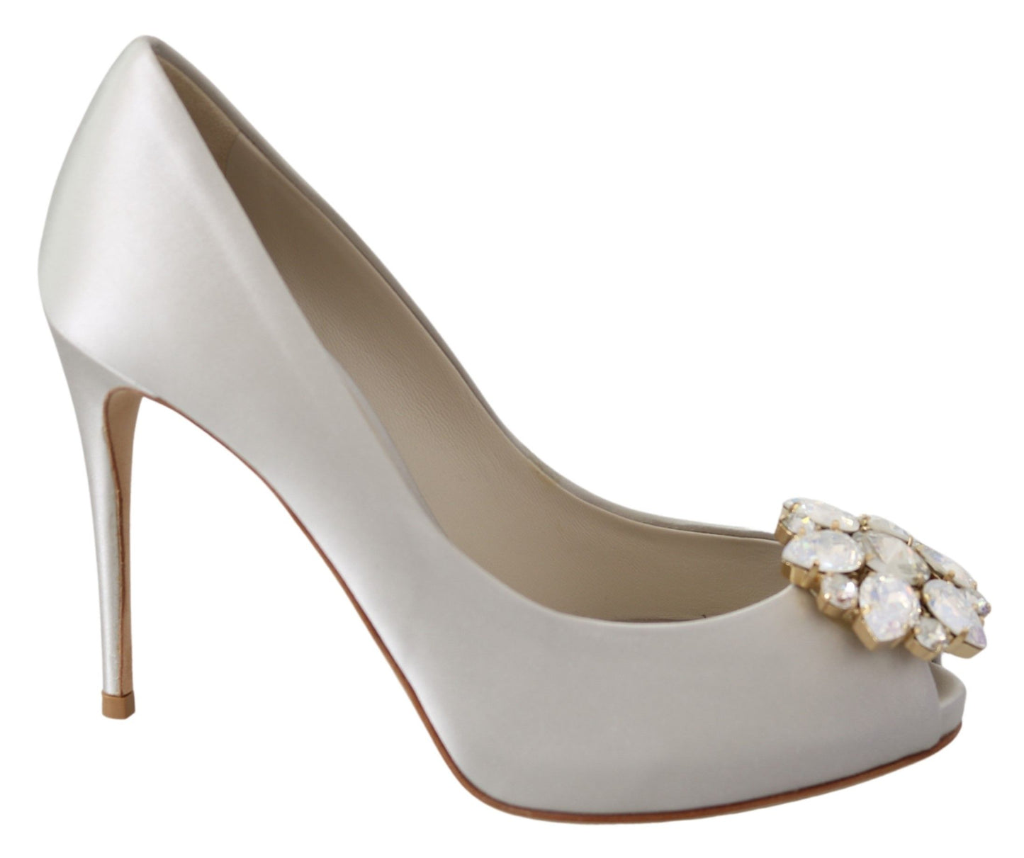  - White Crystal Peep Toe Silk Blend Heels