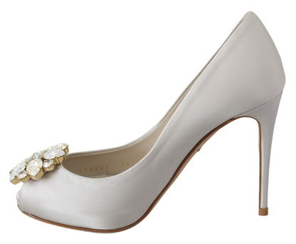  - White Crystal Peep Toe Silk Blend Heels