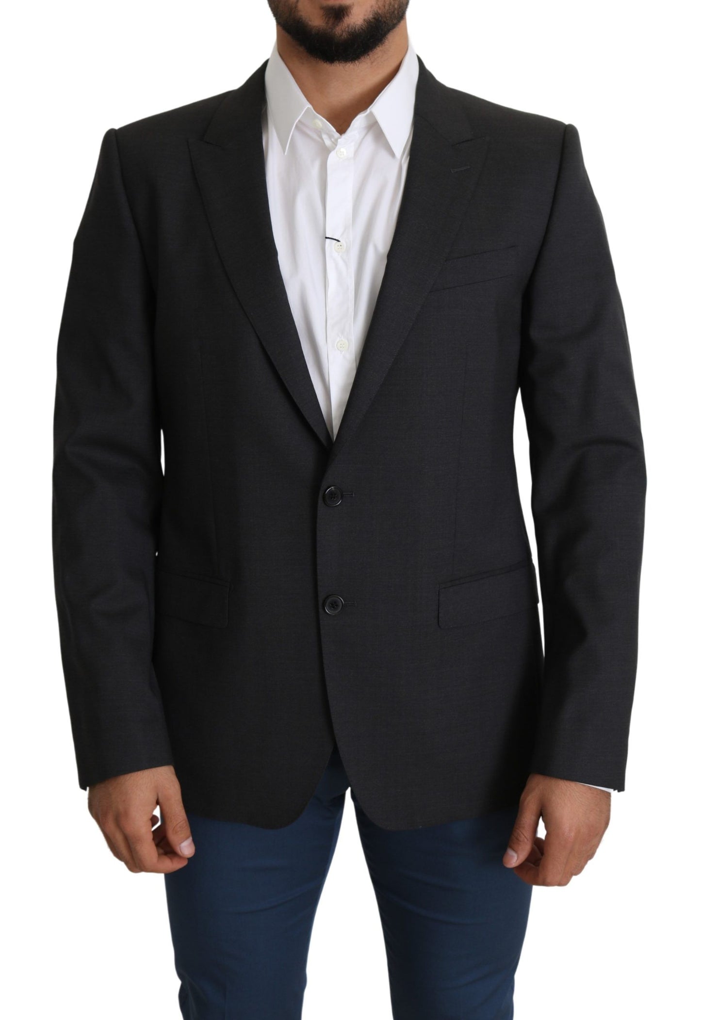  - Elegant Gray Wool Silk Blend Slim Fit Blazer