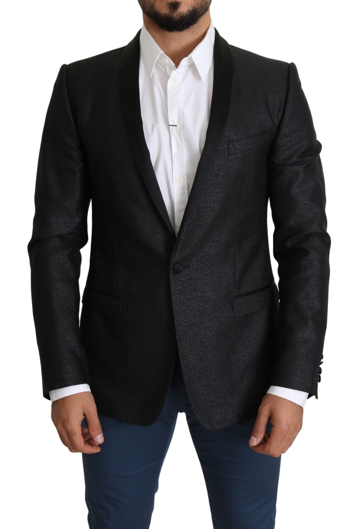  - Elegant Black Jacquard Slim Fit Blazer