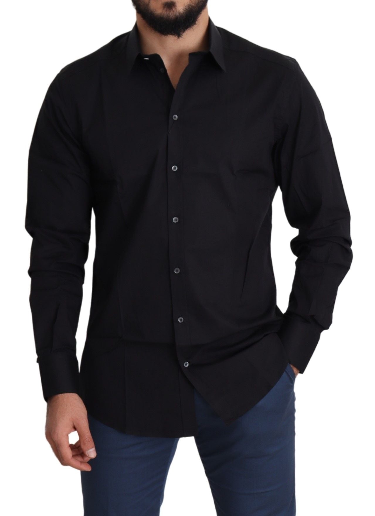  - Elegant Black Cotton Stretch Dress Shirt