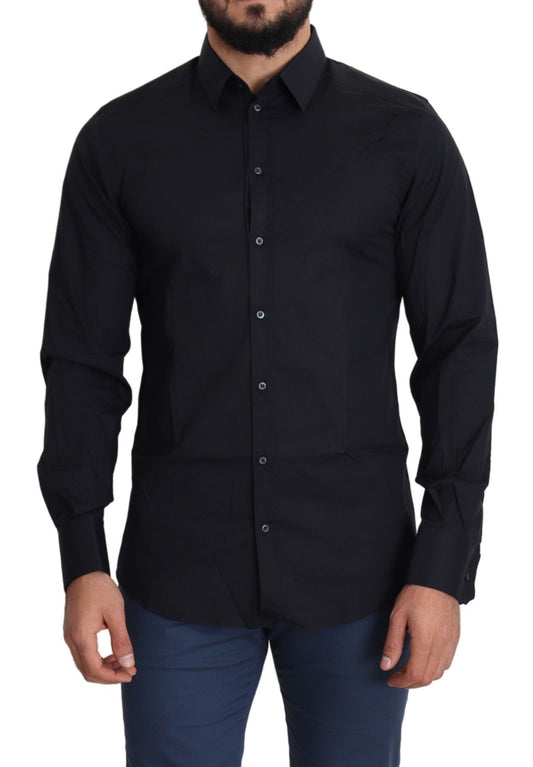  - Sleek Black Slim Fit Cotton Stretch Dress Shirt