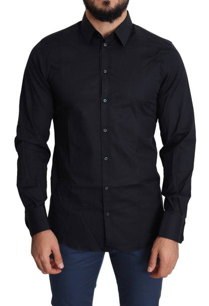  - Sleek Black Slim Fit Cotton Stretch Dress Shirt