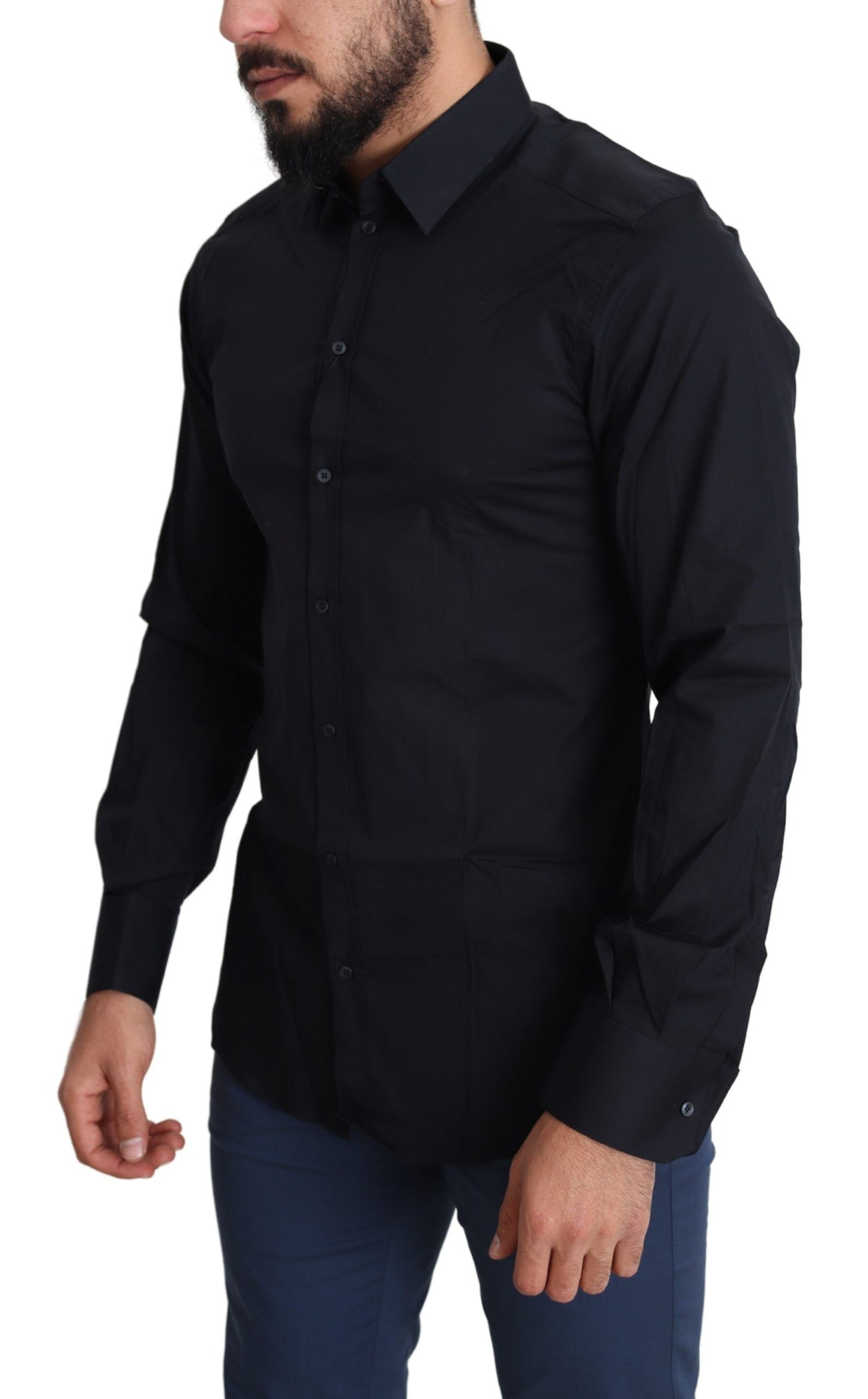  - Sleek Black Slim Fit Cotton Stretch Dress Shirt