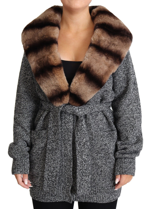  - Elegant Cashmere Cardigan with Rabbit Fur Collar