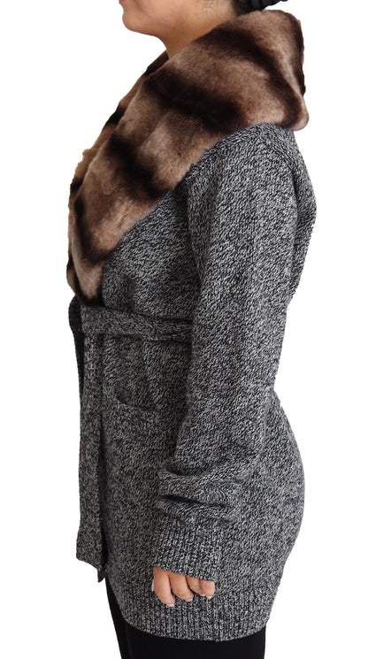  - Elegant Cashmere Cardigan with Rabbit Fur Collar