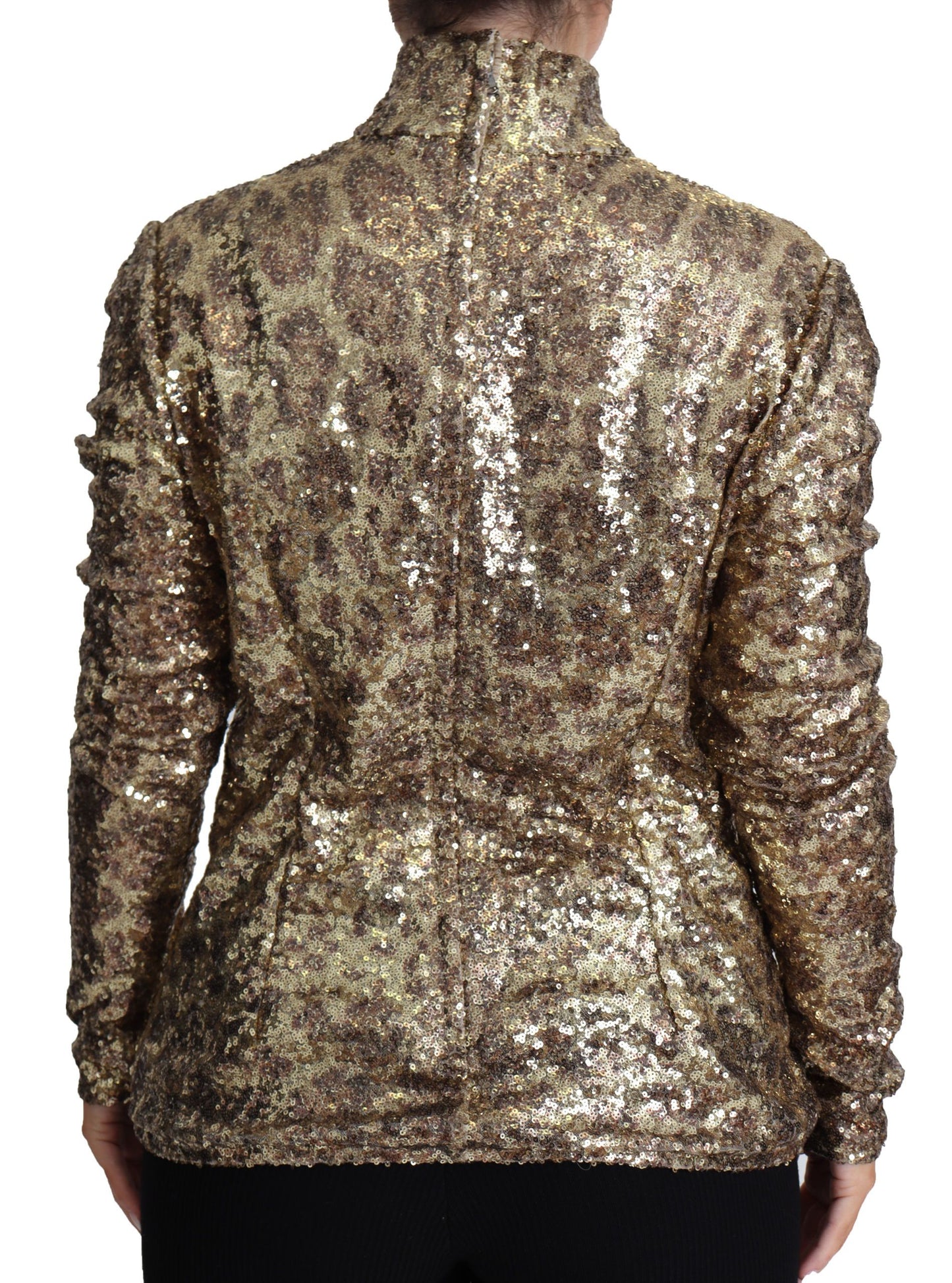  - Sequined Turtleneck Full Zip Sweater in Brown