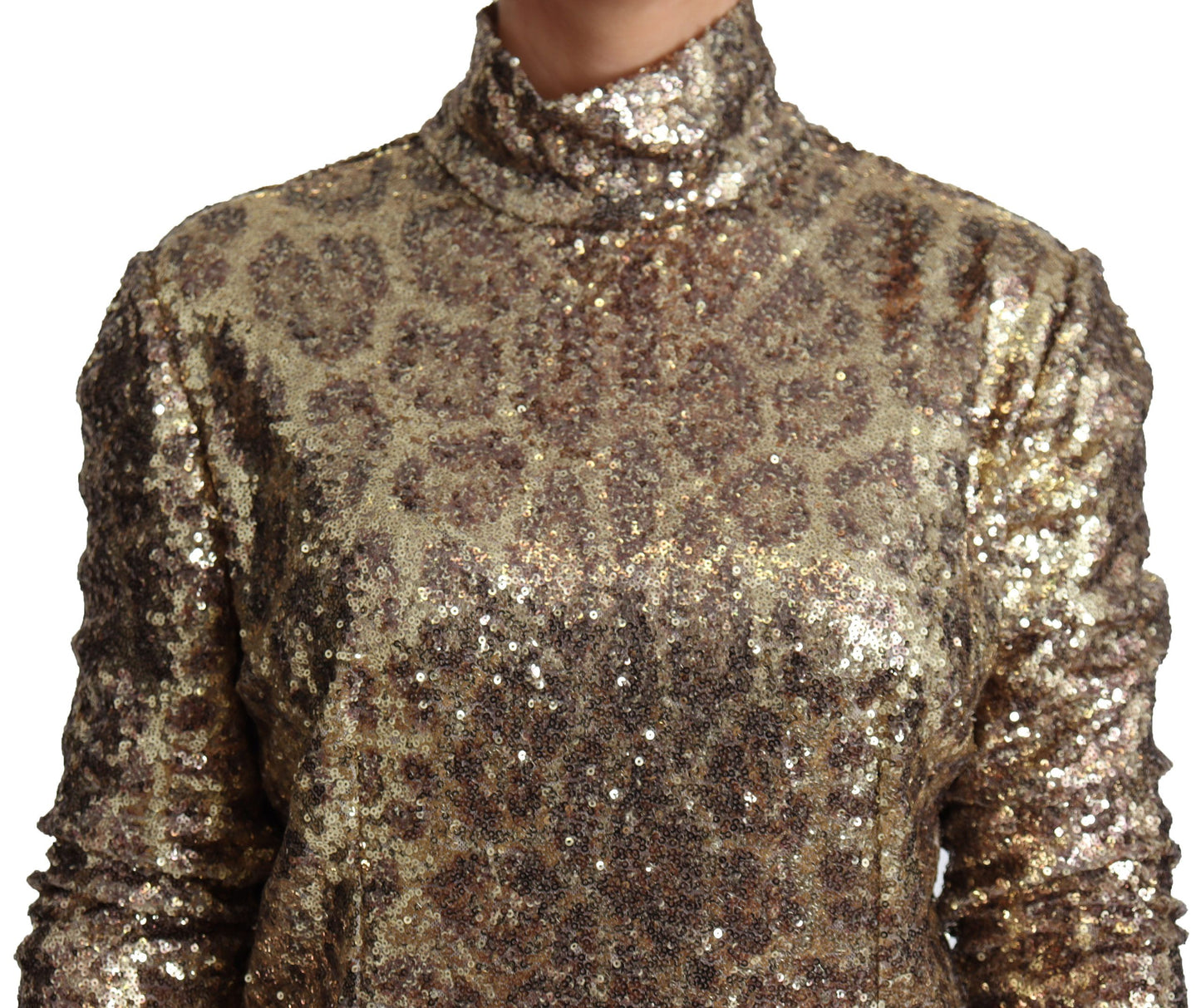  - Sequined Turtleneck Full Zip Sweater in Brown