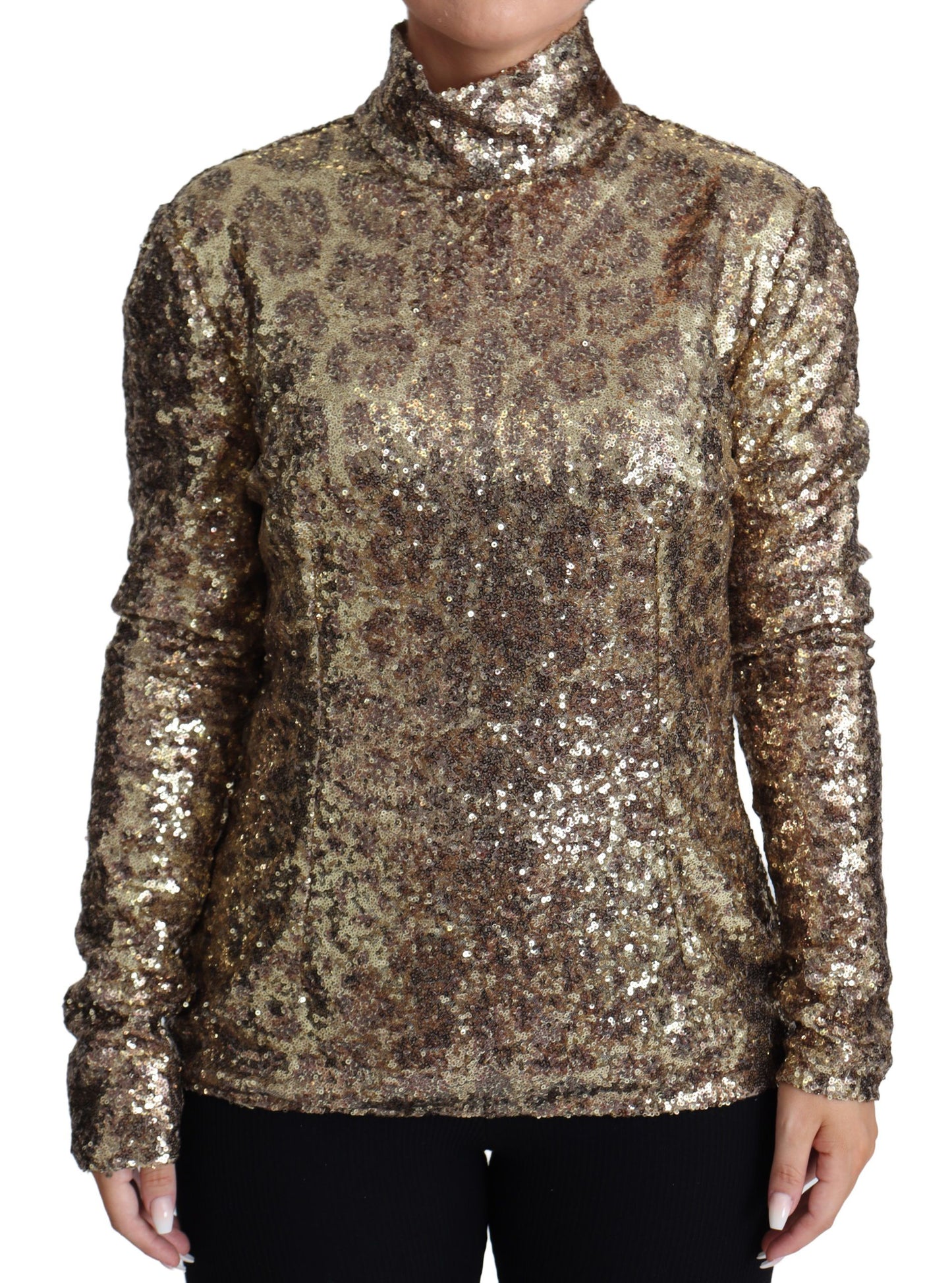  - Sequined Turtleneck Full Zip Sweater in Brown