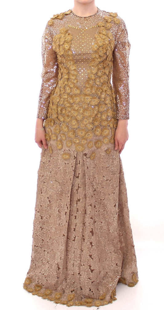  - Exquisite Gold Lace Maxi Dress with Crystals