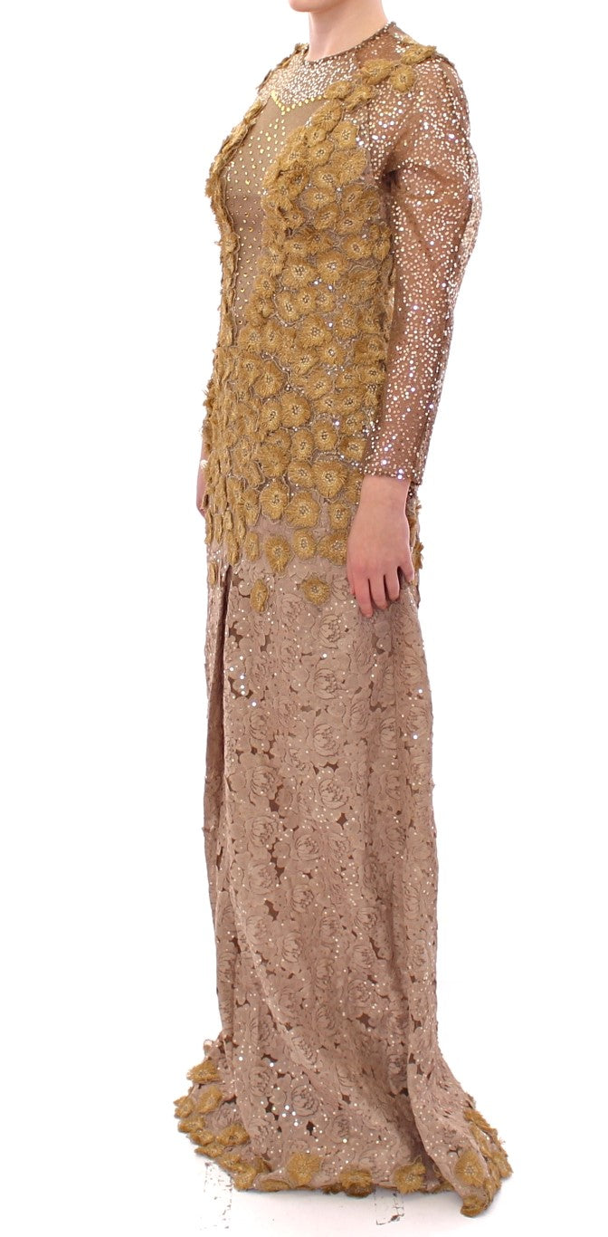  - Exquisite Gold Lace Maxi Dress with Crystals