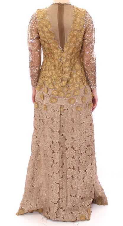  - Exquisite Gold Lace Maxi Dress with Crystals