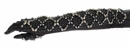  - Elegant Crystal Beaded Leather Gloves