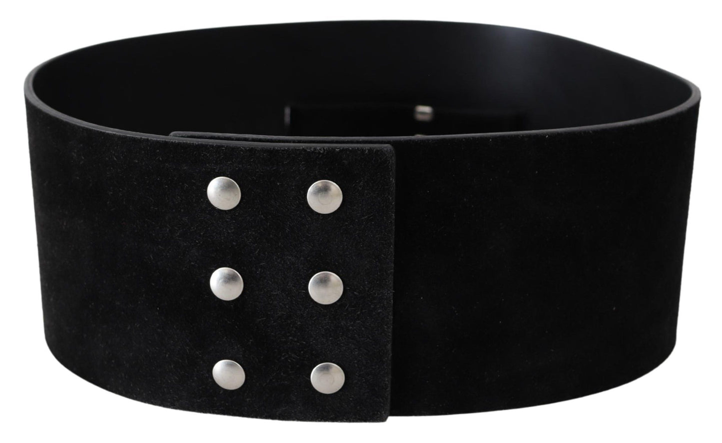  - Elegant Black Leather Wide Belt with Silver Tone Buckle