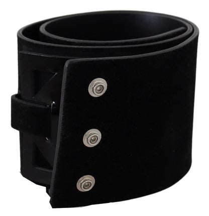  - Elegant Black Leather Wide Belt with Silver Tone Buckle