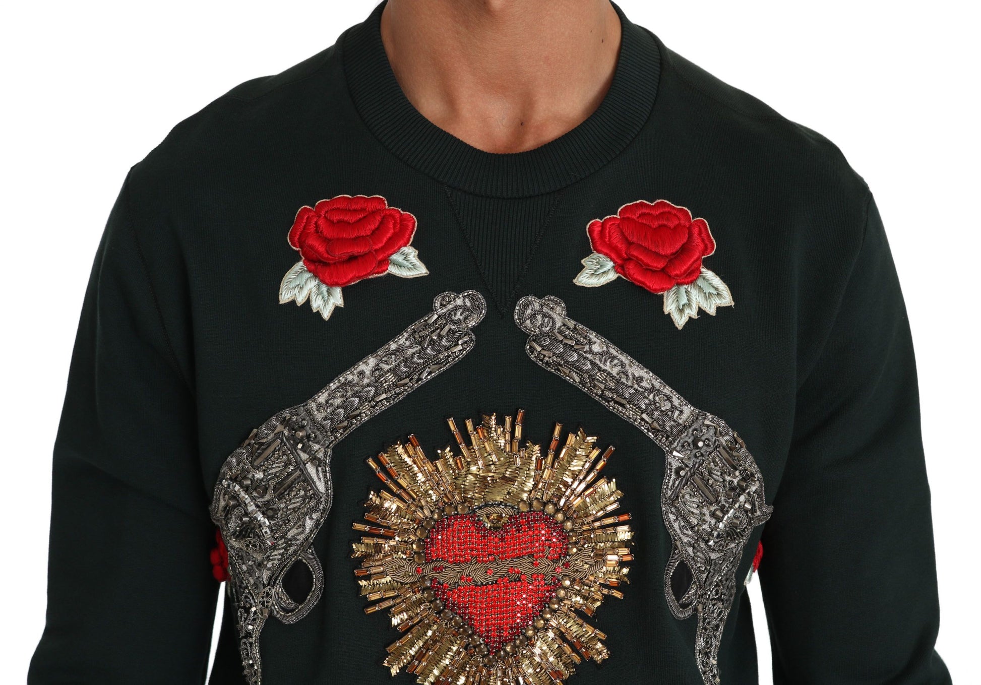 Emerald Cotton Sweater with Crystal Embroidery by Dolce & Gabbana
