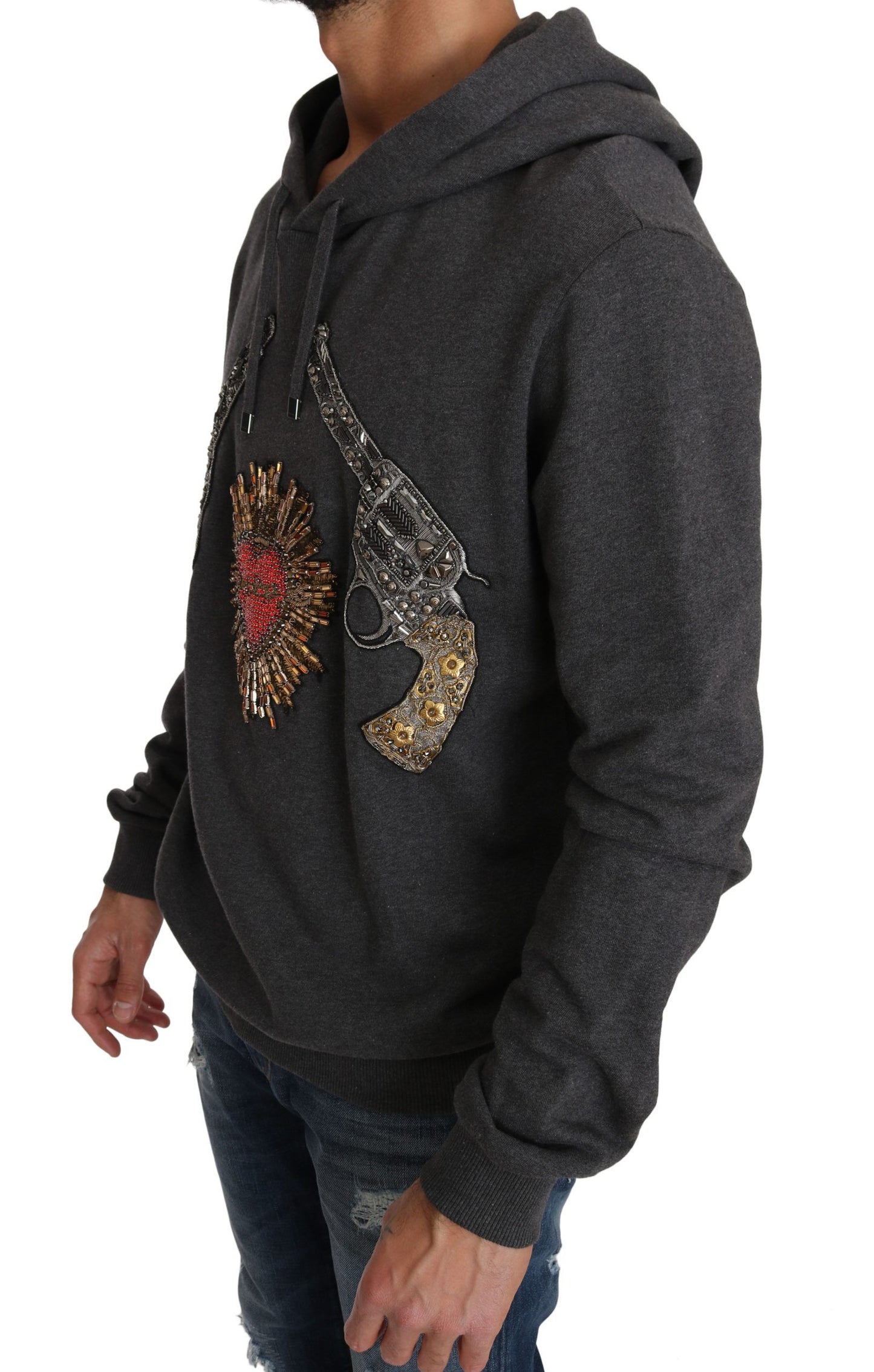  - Gray Crystal Heart Gun Motif Sweater