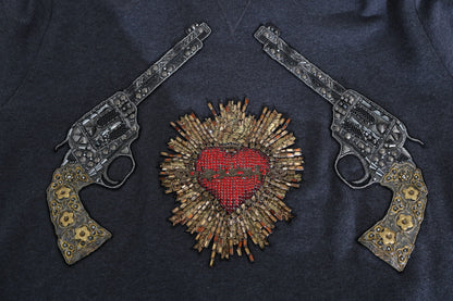  - Gray Crystal Heart Gun Motif Sweater