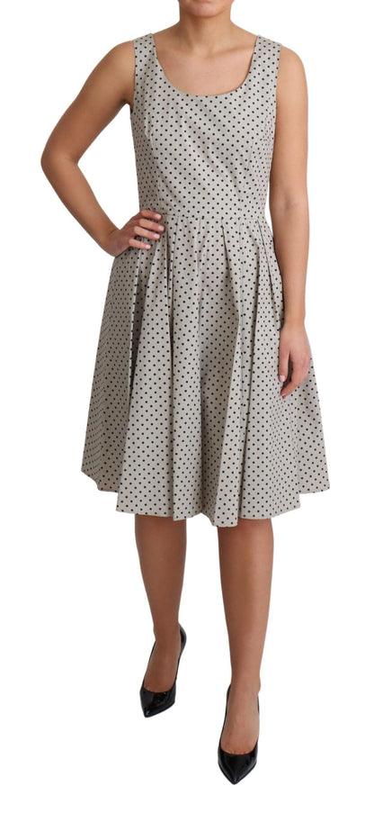  - Polka-Dotted Beige Sleeveless A-line Dress