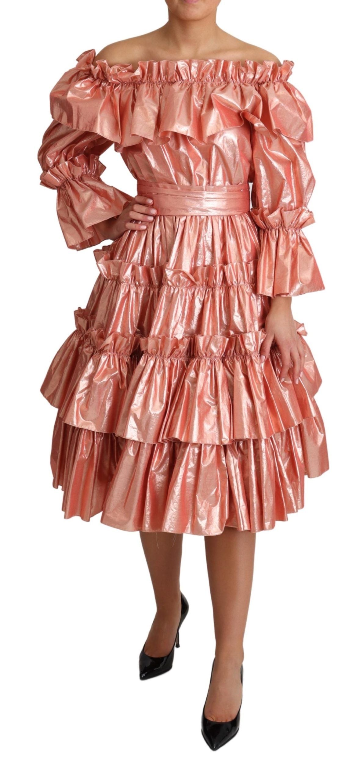  - Pink Metallic Ruffled Gown Elegance