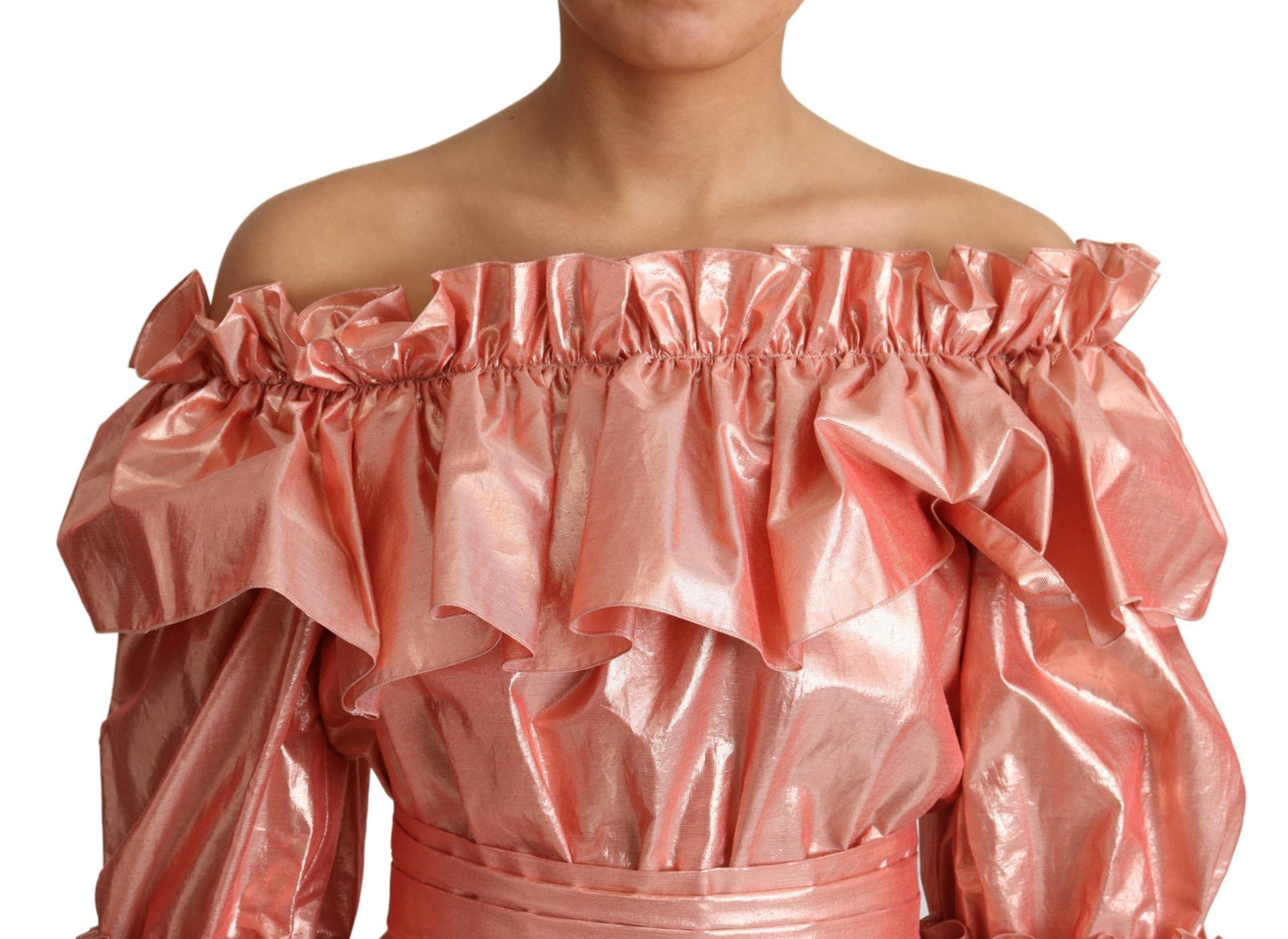  - Pink Metallic Ruffled Gown Elegance