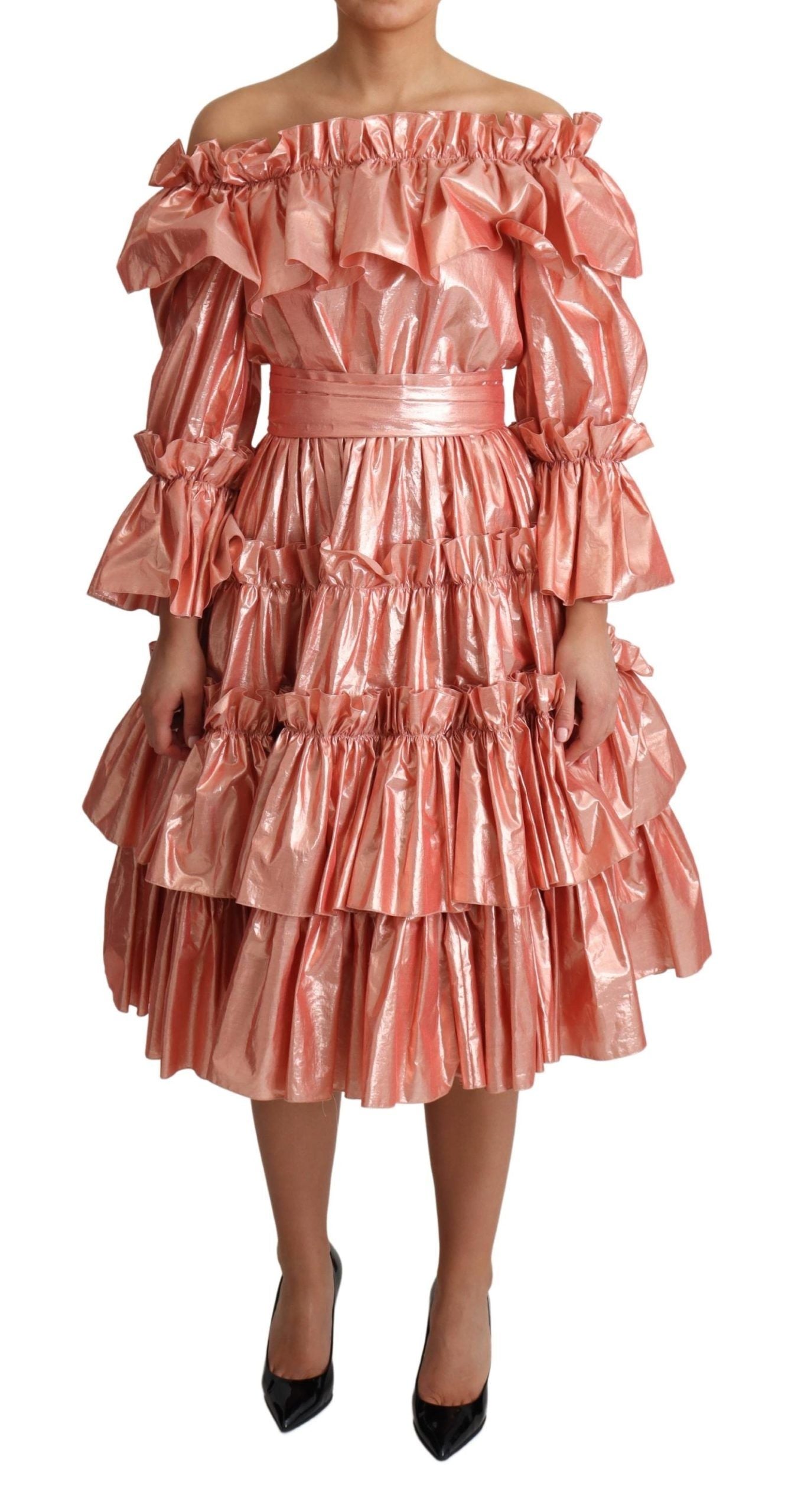  - Pink Metallic Ruffled Gown Elegance